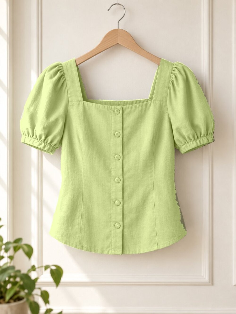 Title: Women's Soft Chartreuse Square Neck Puff Sleeve Button Front Blouse